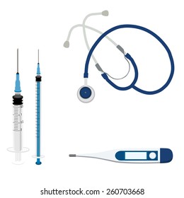 Medical vector set with thermometer, stethoscope and two syringe, healthcare, medical, doctor 