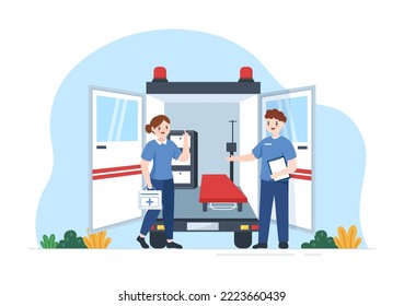 Medical Vehicle Ambulance Car or Emergency Service for Pick Up Patient the Injured in an Accident in Flat Cartoon Hand Drawn Templates Illustration