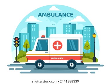 Medical Vehicle Ambulance Car or Emergency Service Vector Illustration for Pick Up Patient the Injured in an Accident in Flat Cartoon Background