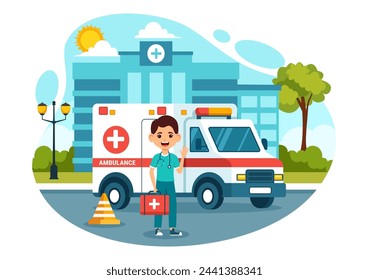 Medical Vehicle Ambulance Car or Emergency Service Vector Illustration for Pick Up Patient the Injured in an Accident in Flat Cartoon Background