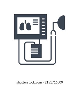 Medical ventilator related vector glyph icon. Ventilator with image of lungs on screen. Medical ventilator sign. Isolated on white background. Editable vector illustration