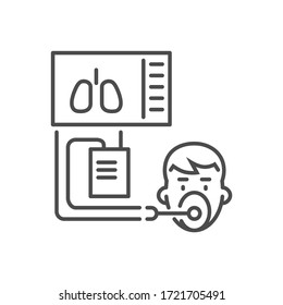 Medical ventilator related vector thin line icon. Ventilator with the image of the lungs and a human head with a mask. Isolated on white background. Editable stroke. Vector illustration.