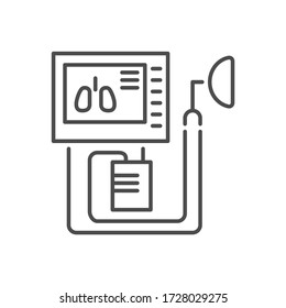 Medical Ventilator Related Vector Thin Line Icon. Ventilator With The Image Of The Lungs On The Screen. Isolated On White Background. Editable Stroke. Vector Illustration.