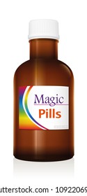 Medical vial bottle named MAGIC PILLS. Panacea product to promise miracle cure, assured health or other wonders concerning healing issues. Vector on white background.