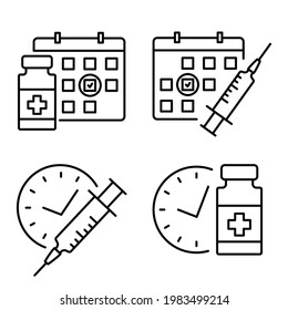 Medical vial and syringe with timer. Vaccination schedule line icon. Second injection time symbol. Immunization concept. Antiviral medical concept. Vector