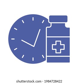 Medical vial with timer. Vaccination schedule line icon. Time to vaccinate. Immunization concept. Health care and protection. Antiviral medical concept. Vector