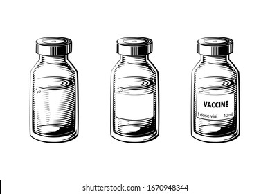 Medical vials hand drawn vector. Glass containers for injection drugs with and without label illustration.