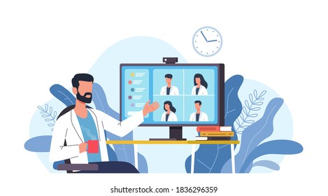 Medical Video Conference. Online Doctors Meeting With Computer App, Web Consultation. Internet Working Webinar With Hospital Specialist. Telemedicine Diagnosis Medic Advice Telehealth Vector Concept