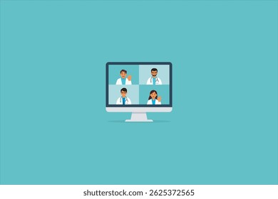 Medical video conference. Online doctors meeting with computer app, web consultation. Internet working webinar with hospital specialist. Telemedicine diagnosis medic advice telehealth vector concept.
