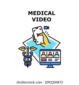 Medical video online. Doctor computer. Medicine patient health. Conference call. Clinic internet technology vector concept color illustration