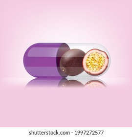 Medical violet capsule with passion fruit on pink background. Vector illustration