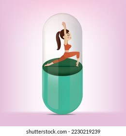 Medical violet capsule with woman on pink background.yoga pills Vector illustration