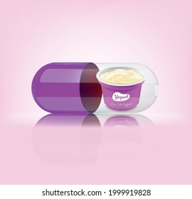 Medical violet capsule with yoghurt  cup on purple background. Vector illustration
