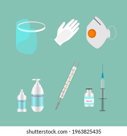 Medical ViruMedical Virus Protection. Doctors protection kit. Personal protective equipment - medical mask, latex gloves, respirator, thermometer, disinfectant, syringe and vaccine.
