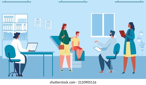 Medical visit at doctor cabinet or clinic. Vector healthcare medical, therapist character in cabinet of hospital illustration