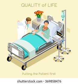 Medical visit sick patient bed medical doctor. Healthcare therapy Hospital room 3d flat design. Medical doctor Patient Check Up Clinic Visit Day Hospital Isometric People medicine Vector illustration