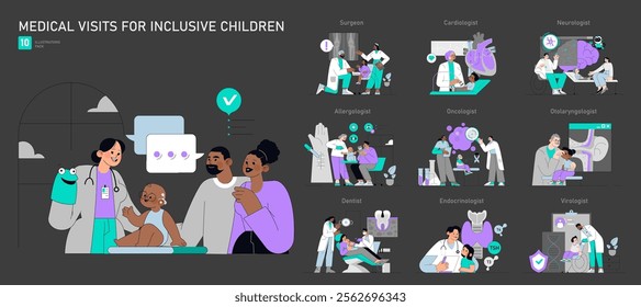 Medical Visits for Inclusive Children set. Diverse pediatric health care scenarios. Special needs support by various medical specialists. Vector illustration.