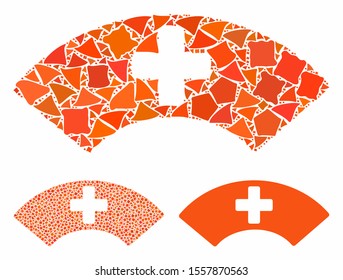 Medical visor composition of humpy elements in various sizes and color tints, based on medical visor icon. Vector trembly elements are organized into collage.