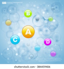 Medical vitamins and cell background. Vitamins molecule chemical science. Blue cell background. Life and biology, medicine scientific, bacteria, molecular research DNA. Vector illustration.