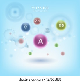 Vitaminas médicas y antecedentes celulares. Vitaminas molécula química ciencia. Fondo de celda azul. Vida y biología, medicina científica, bacterias, investigación molecular ADN.
