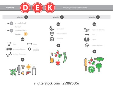 Medical vitamins D, E, K source infographics. Healthy food icons set. Vector proper nutrition colorful linear elements.