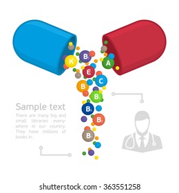 Medical vitamins and minerals background. ?apsule pharmaceutical from which poured vitamins. Vector template for infographics.