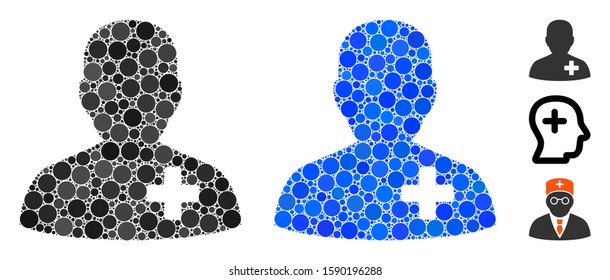 Medical volunteer mosaic of round dots in different sizes and color hues, based on medical volunteer icon. Vector round dots are combined into blue mosaic.