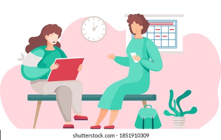 Medical volunteer sitting on the bench and communicating with woman patient. Social worker with a questionnaire is conducting a survey in clinic workplace. Medical specialist consultation at cabinet