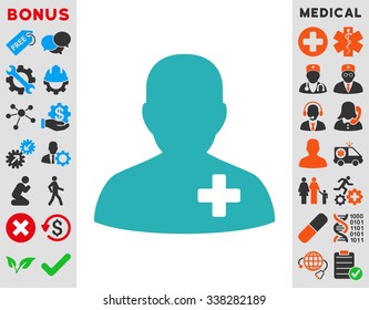 Medical Volunteer vector icon with bonus. Style is flat symbol, cyan color, rounded angles, white background.