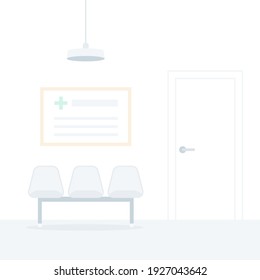 Medical Waiting Room. Three Grey Empty Chairs. A Poster On The Wall. Ceiling Light. Linear Door. Medical Appointment. Hospital Interior. Vector Illustration, Flat Design