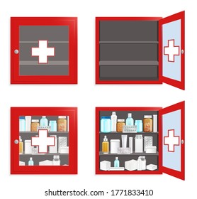 Conjunto de caja de pared médica, ilustración aislada vectorial plana. Kit de primeros auxilios para el pecho de medicina roja. Gabinete médico para almacenamiento seguro de medicamentos.