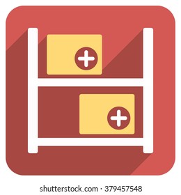 Medical Warehouse long shadow vector icon. Style is a light flat symbol on a red rounded square button.