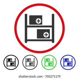 Medical Warehouse rounded icon. Vector illustration style is a flat iconic symbol inside a red circle, with black, gray, blue, green versions. Designed for web and software interfaces.