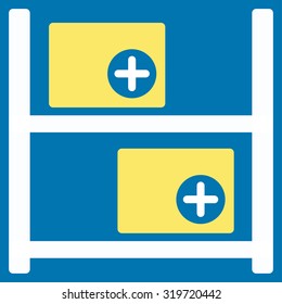 Medical Warehouse vector icon. Style is bicolor flat symbol, yellow and white colors, rounded angles, blue background.