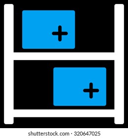 Medical Warehouse vector icon. Style is bicolor flat symbol, blue and white colors, rounded angles, black background.