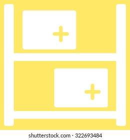 Medical Warehouse vector icon. Style is flat symbol, white color, rounded angles, yellow background.