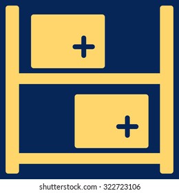 Medical Warehouse vector icon. Style is flat symbol, yellow color, rounded angles, blue background.