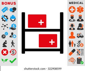 Medical Warehouse vector icon. Style is bicolor flat symbol, intensive red and black colors, rounded angles, white background.