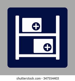 Medical Warehouse vector icon. Style is flat rounded square button, white and dark blue colors, silver background.