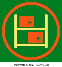 Medical Warehouse vector icon. Style is bicolor flat circled symbol, orange and yellow colors, rounded angles, green background.