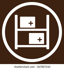Medical Warehouse vector icon. Style is flat circled symbol, white color, rounded angles, brown background.