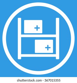 Medical Warehouse vector icon. Style is flat circled symbol, white color, rounded angles, blue background.