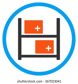 Medical Warehouse vector icon. Style is flat circled symbol, orange and blue colors, rounded angles, white background.