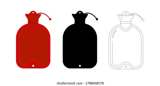 Medical warmer icon set isolated on white background. Red flat, simple black silhouette and linear warming pan - rubber hot water bottle or bag. Heat pad design sign cartoon style vector illustration.