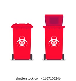 Medical waste bin. Contaminated waste sign. Biohazard trash garbage bin.