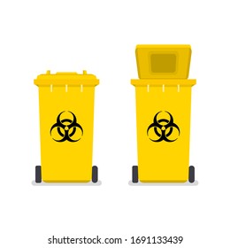 Medical waste bin. Contaminated waste sign. Biohazard trash garbage bin.
