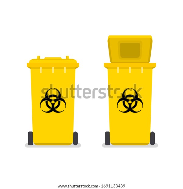 Medical waste bin. Contaminated waste sign.\
Biohazard trash garbage\
bin.