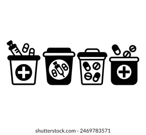 medical waste containers icons symbol vector design simple flat black white illustration collections sets isolated