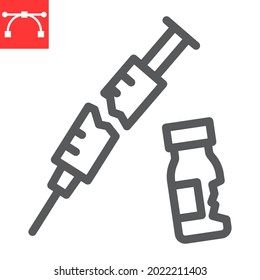 Medical waste line icon, recycle and ecology, broken syringe and vial vector icon, vector graphics, editable stroke outline sign, eps 10