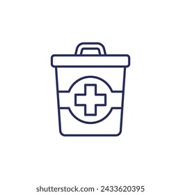 medical waste line icon with trash bin, vector